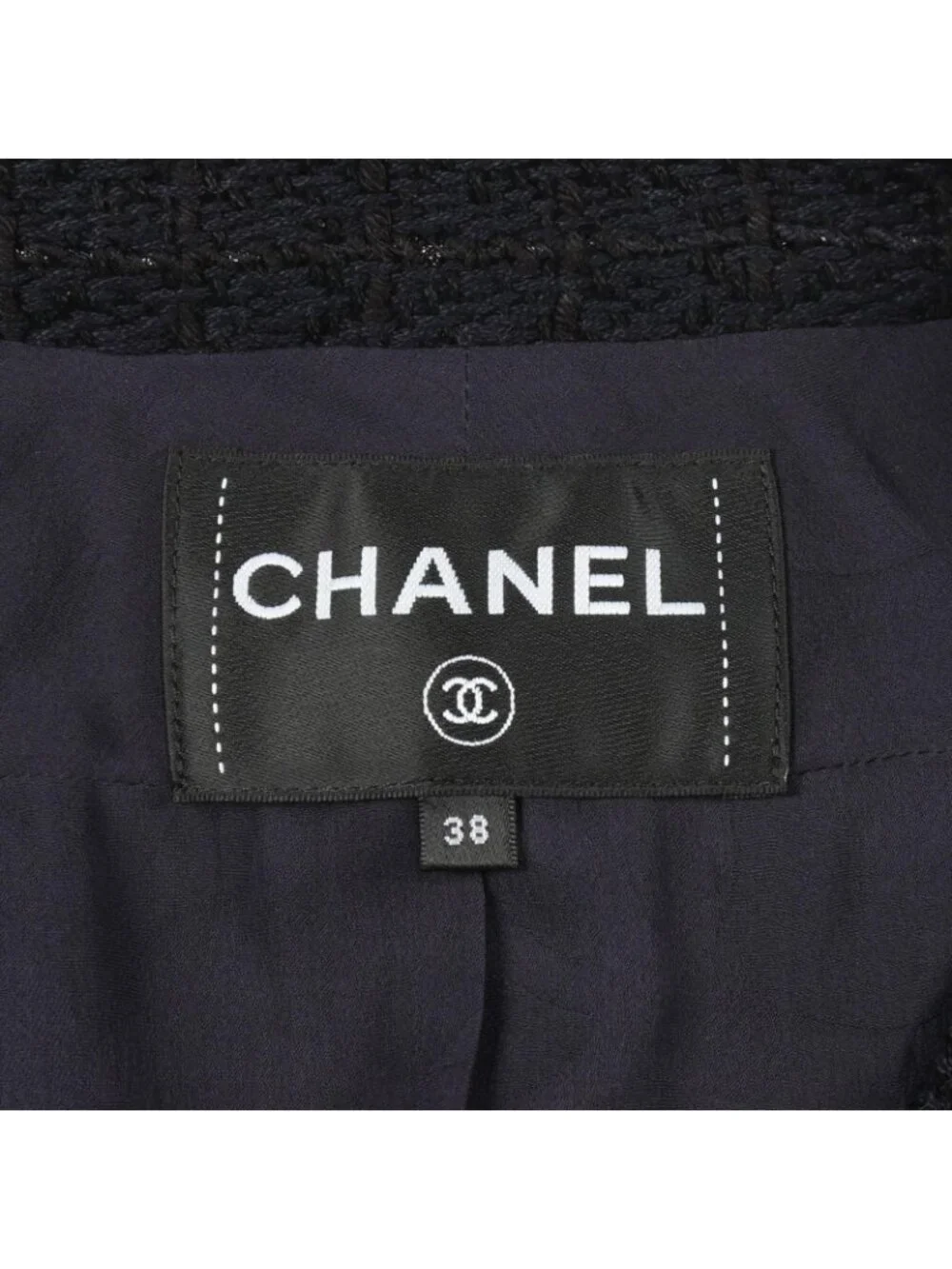 Chanel Collarless Jacket CC Logo Button Double Breasted Tweed Cotton